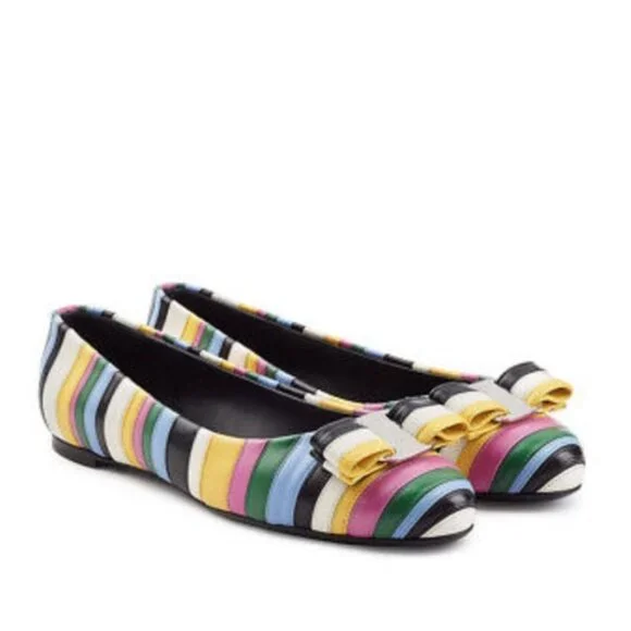 Salvatore Ferragamo Varina Rainbow Stripe Flats Bow Logo - Picture 2 of 13